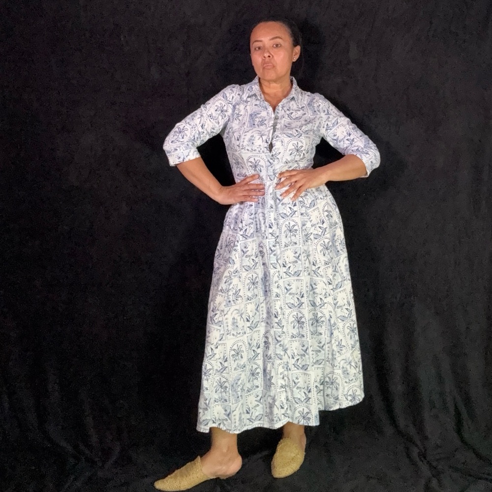 C&C California Elegant Blue and White Long Sleeve Dress